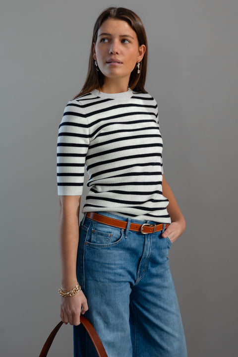 T-Skjorte | Midi Sleeve Rib Tee Cream Navy Stripe