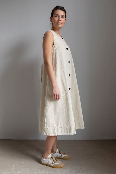 Kjole - Buttoned Cotton Linen Canvas Dress