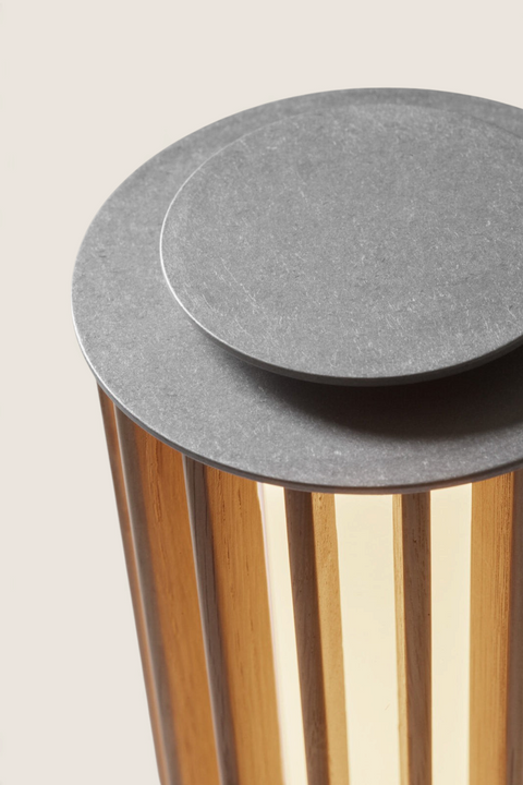 Bolina &Tradition Numbra TY3 portable table lamp featuring a grey aluminium top and vertical solid oak wood slats.