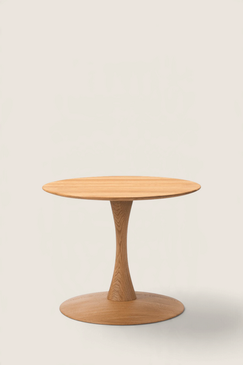 Bolina ND104 Trisse coffee table in oiled oak with a round top and sculptural pedestal base by Nanna Ditzel