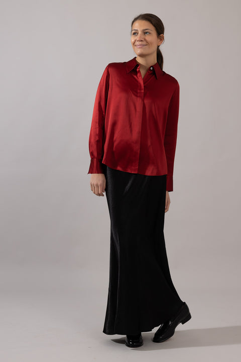 Bluse - Slim Fit Satin Ruby Ink