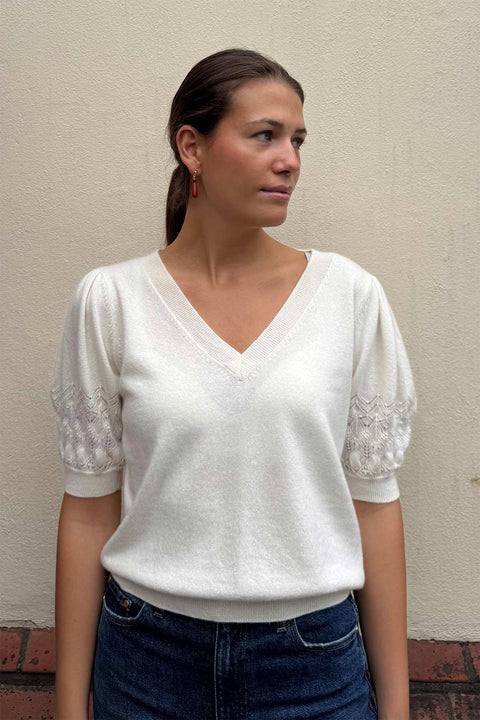 Topp - Reina Puff Cashmere Top Pearl
