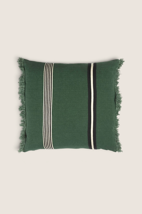 Bolina Nell square linen cushion cover in racing green with black and off-white stripes and decorative side fringes.
