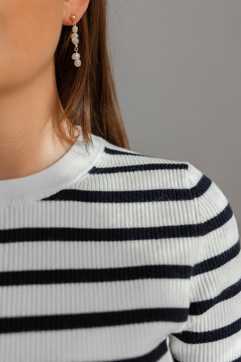 T-Skjorte | Midi Sleeve Rib Tee Cream Navy Stripe
