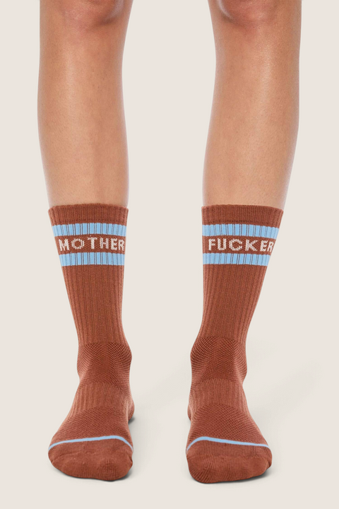 Bolina MOTHER Baby Steps cocoa brown ribbed tube socks with light blue stripes and white text