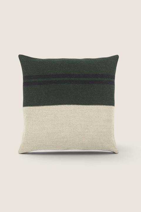 Bolina Omaha square cushion cover in green and beige linen-wool blend with graphic black stripes