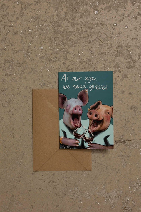 Kort m/Konvolutt - Pigs With Glasses  A6 10,5x14,8cm