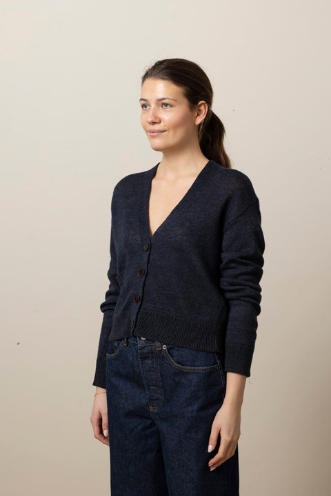 Cardigan - Wool Linen Patch Pocket Dark Navy