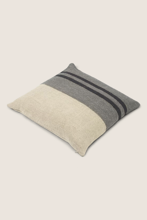 Bolina Black House Stripe cushion cover in charcoal and natural linen with graphic black stripes, 63x63cm square.