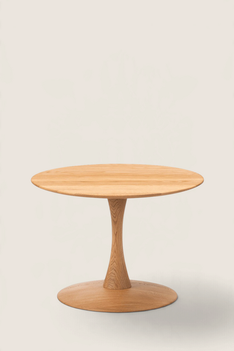 Bolina ND112 Trisse coffee table in oiled oak with a round top and sculptural pedestal base by Nanna Ditzel