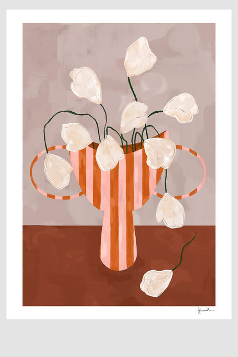 Plakat - White Flowers in Striped Vase 30x40cm