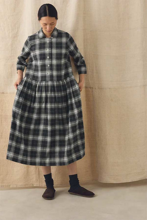 Kjole - Check Cotton Cashmere Shirt Dress Charcoal/Ecru