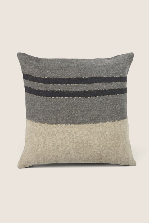 Bolina Black House Stripe cushion cover in charcoal and natural linen with graphic black striped detailing.