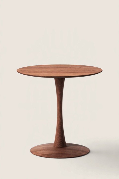 Bolina Trisse 5107 round dining table in smoked oak with a sculptural pedestal base and minimalist design.