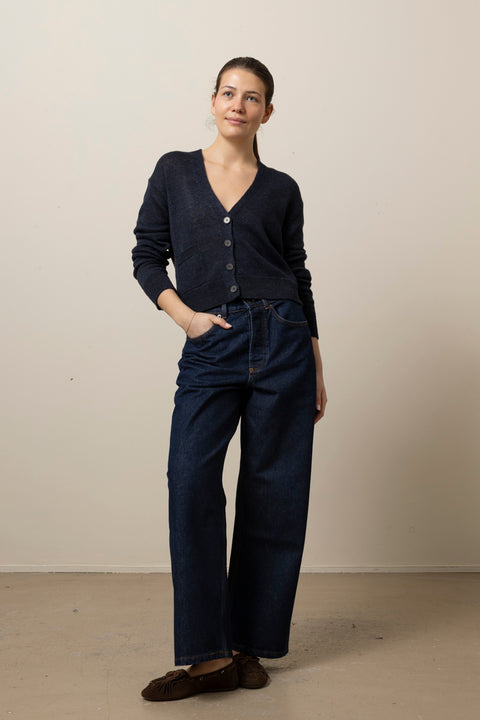 Cardigan - Wool Linen Patch Pocket Dark Navy