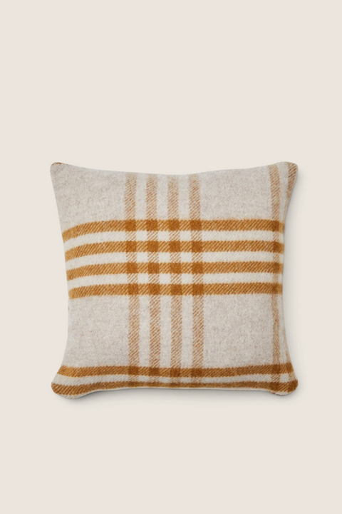 Bolina Hex Check wool cushion in English Mustard and hazel plaid pattern, 50x50cm square throw pillow.