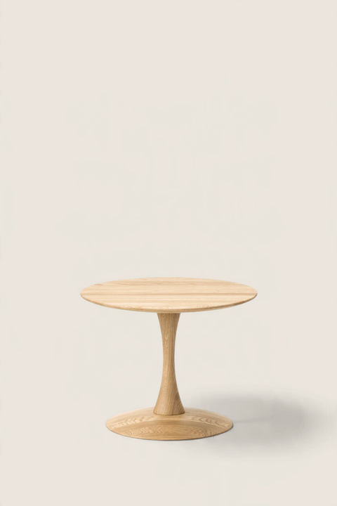 Bolina Trisse coffee table by Nanna Ditzel in soap-treated oak with a sculptural round pedestal base.