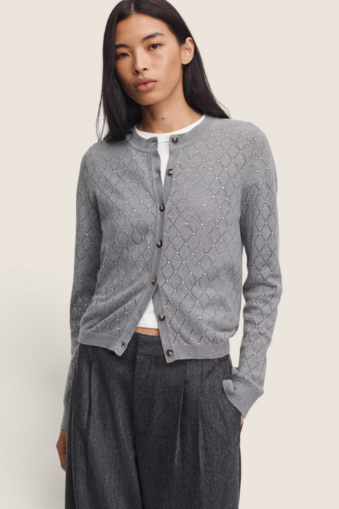Bolina rag & bone heather grey cotton-cashmere cardigan with crystal-embellished diamond pattern and button front