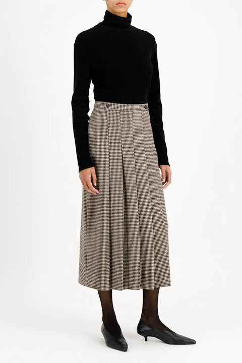 Skjørt - Long Plated Skirt Patterned Moleskin Beige Houndstooth