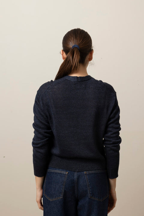 Cardigan - Wool Linen Patch Pocket Dark Navy
