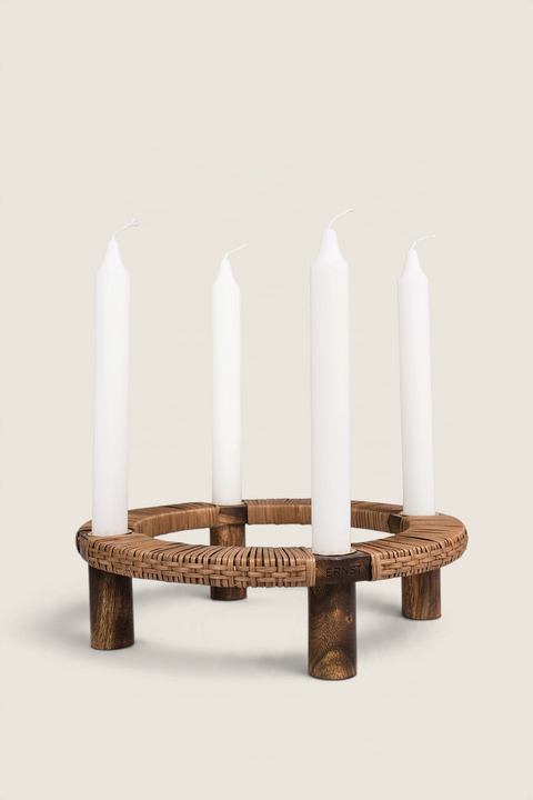 Bolina ERNST round advent candle holder in dark mango wood with woven texture and four white taper candles