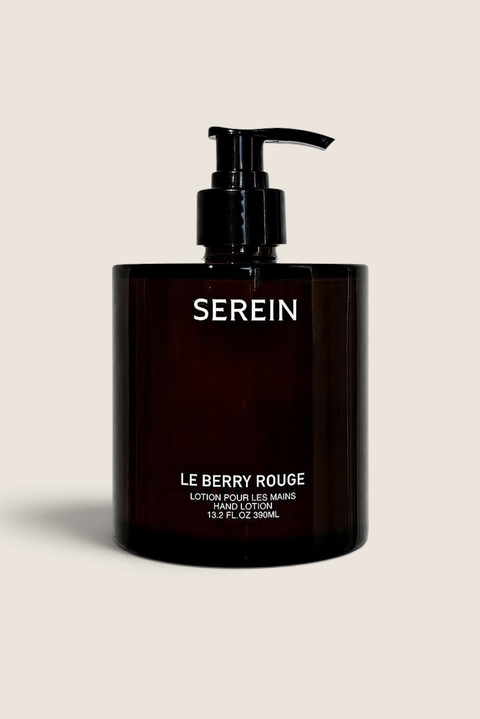 Bolina Serein Le Berry Rouge hand lotion in a dark brown bottle with a black pump dispenser.