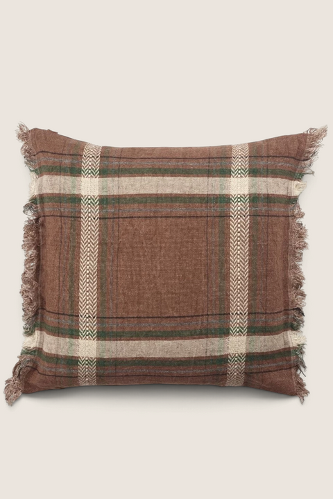 Bolina Rowan square cushion cover in warm brown with green and natural check pattern and decorative fringe edges.