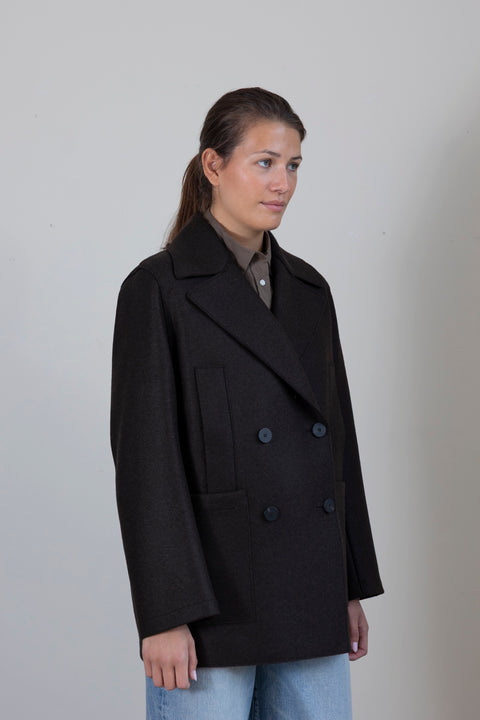 Kåpe - Oversized Sailor Jacket Pressed Wool Quilted Lining Dark Brown
