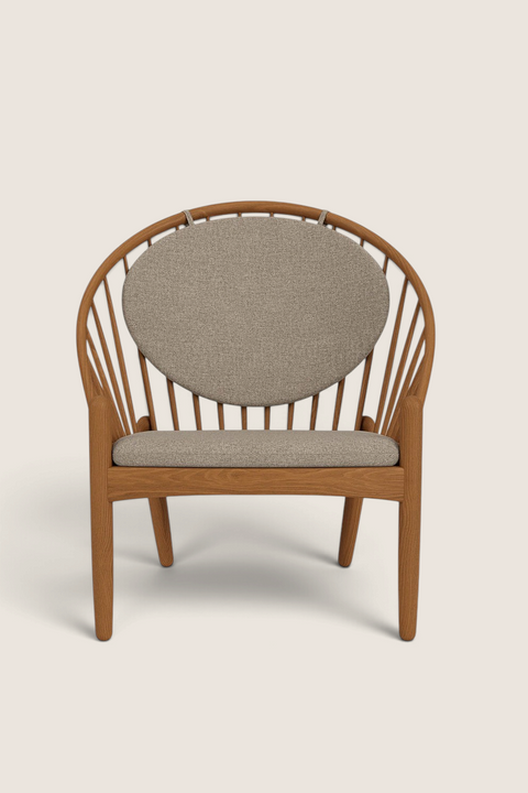 Bolina J166 Jørna lounge chair in smoked oak with light grey cushions and iconic spindle back design.