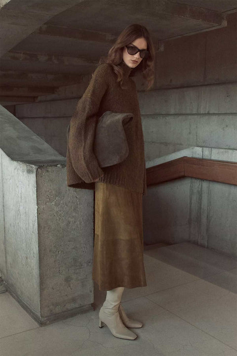 Skjørt - Suede Midi Skirt Moss Ochre