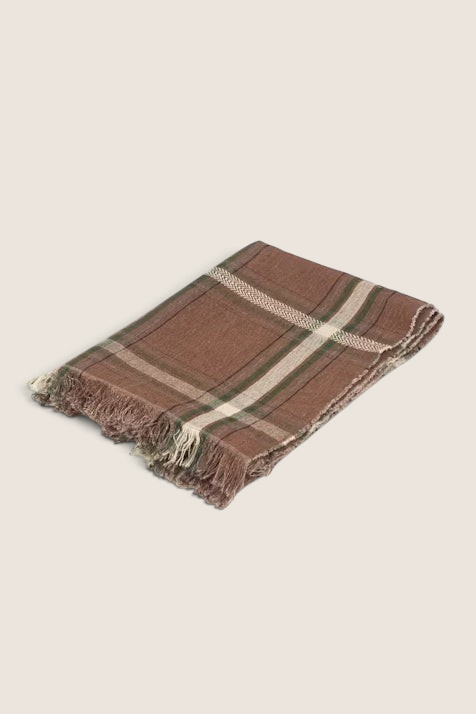 Bolina Rowan linen tablecloth in brown check pattern with green stripes and fringed edges