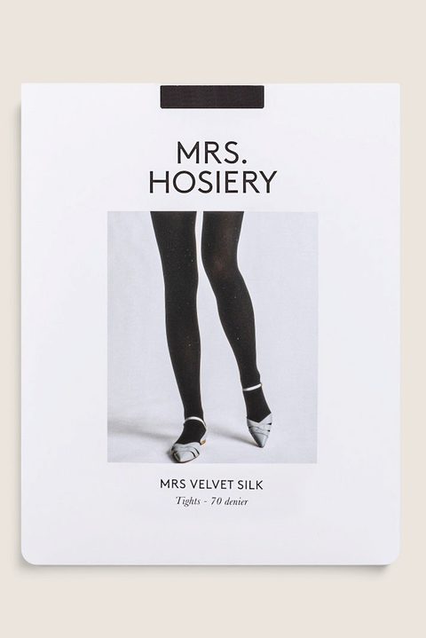 Bolina Mrs. Hosiery Velvet Silk 70 denier dark grey opaque tights with a smooth, velvety finish in packaging.