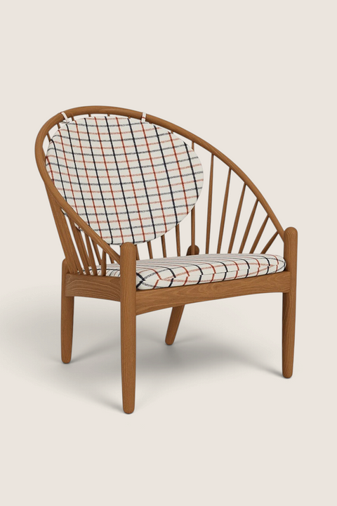 Bolina J166 Jørna lounge chair in smoked oak with red plaid Horserug fabric upholstery and iconic spindle back design.