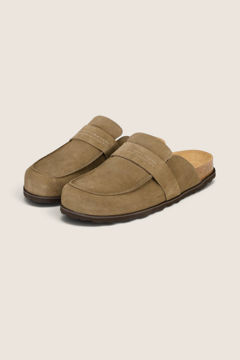 Bolina Shepherd Petra taupe suede clogs with open heel, soft insole, and cushioned EVA sole for daily comfort.