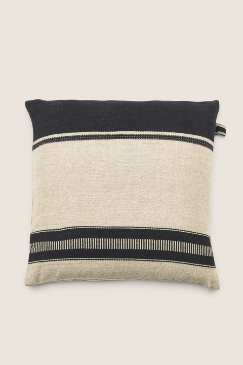 Bolina Marshall square cushion cover in beige and black wool-linen blend with multi-stripe pattern and hidden zipper.