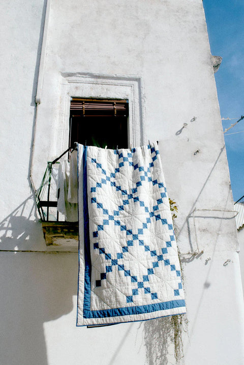 Pledd - Lattice Patchwork Quilt Ecru/Aegean Blue