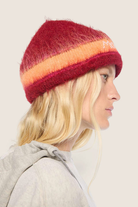 Bolina MOTHER beanie in brushed wool blend with red, orange, and pink stripes and pearl logo detail on folded brim