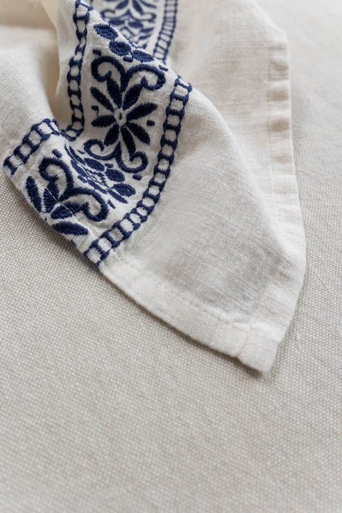 Kjøkkenhåndkle - Embroidered Off-White/Blå