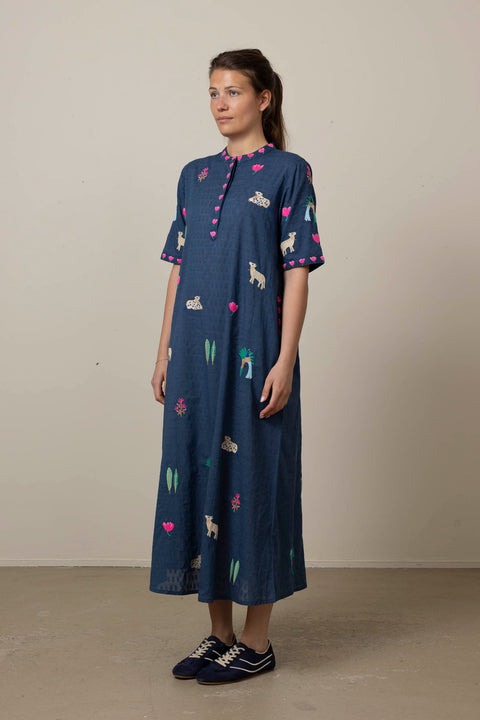 Kjole - Cassia Navy/Jungle Embroidery