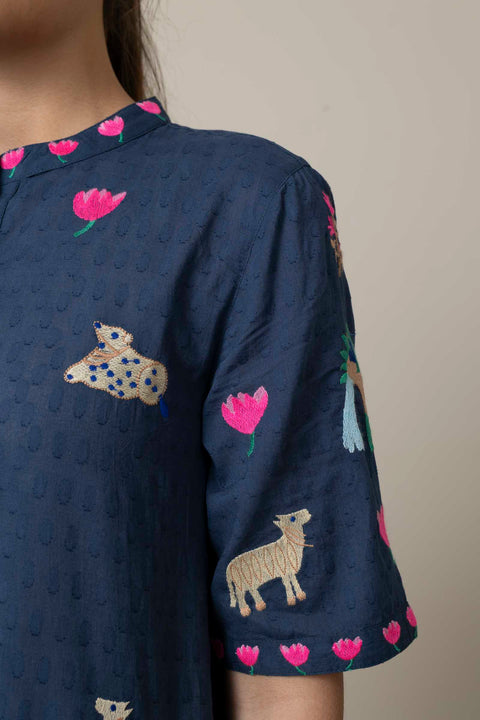 Kjole - Cassia Navy/Jungle Embroidery