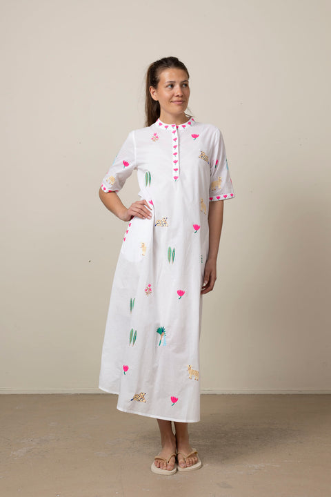 Kjole - Cassia White/Jungle Embroidery