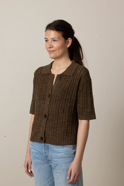Cardigan - Open Stitch Knitted Linen Cotton Polo