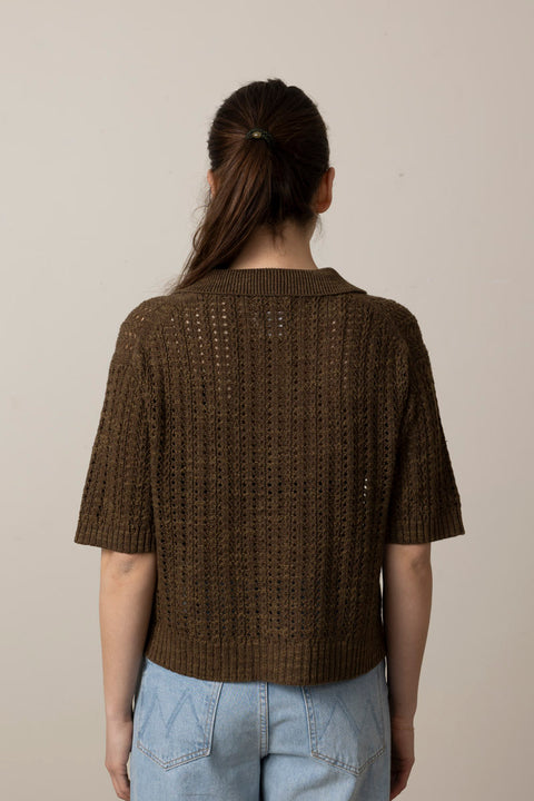 Cardigan - Open Stitch Knitted Linen Cotton Polo