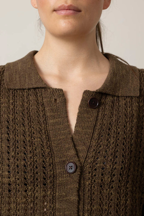 Cardigan - Open Stitch Knitted Linen Cotton Polo
