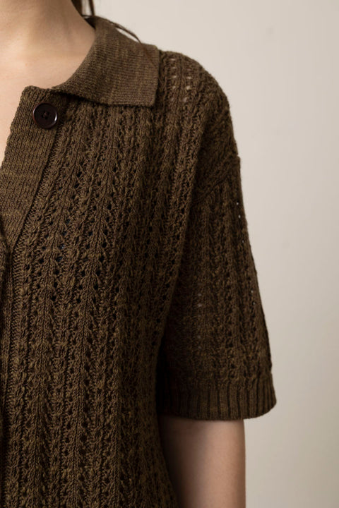 Cardigan - Open Stitch Knitted Linen Cotton Polo