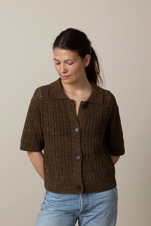 Cardigan - Open Stitch Knitted Linen Cotton Polo