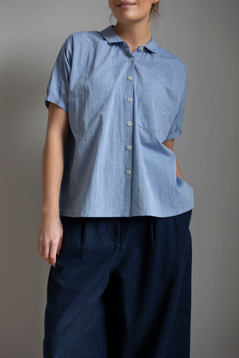 Skjorte | Gathered Cotton Chambray Shirt