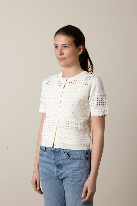 Cardigan - Abriana Eyelet Knit Cardigan Cowrie
