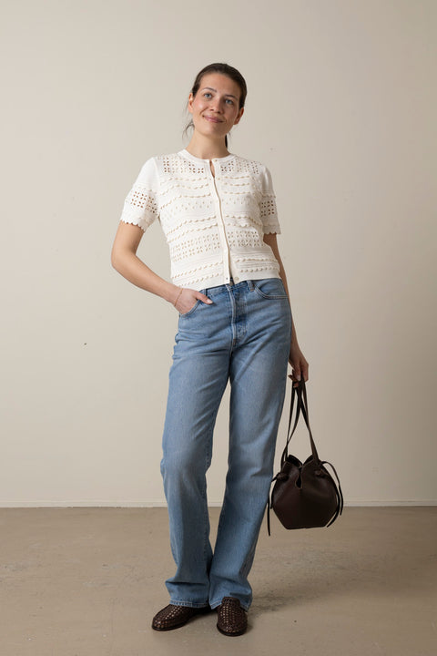 Cardigan - Abriana Eyelet Knit Cardigan Cowrie