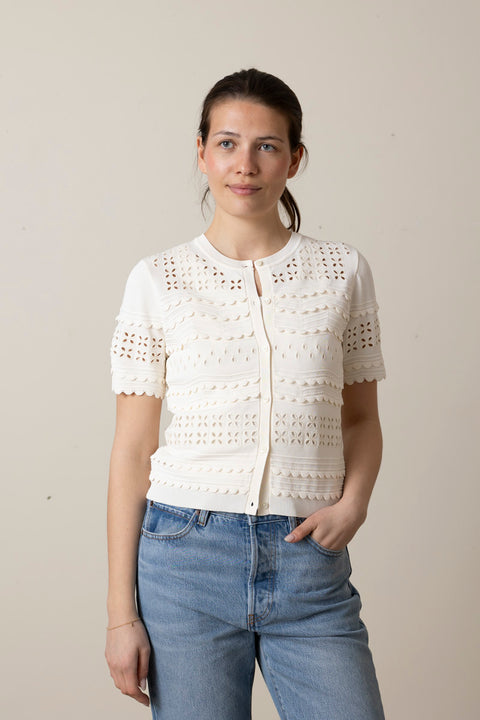 Cardigan - Abriana Eyelet Knit Cardigan Cowrie